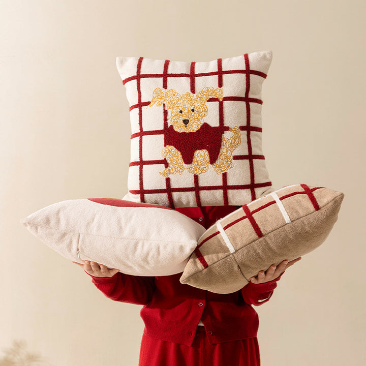 Square decorative cushion with stitched dog appliqué and soft cotton blend