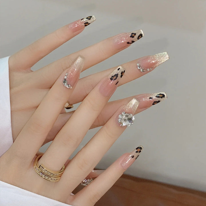 Artificial nail set with glitter and leopard design Kalsten