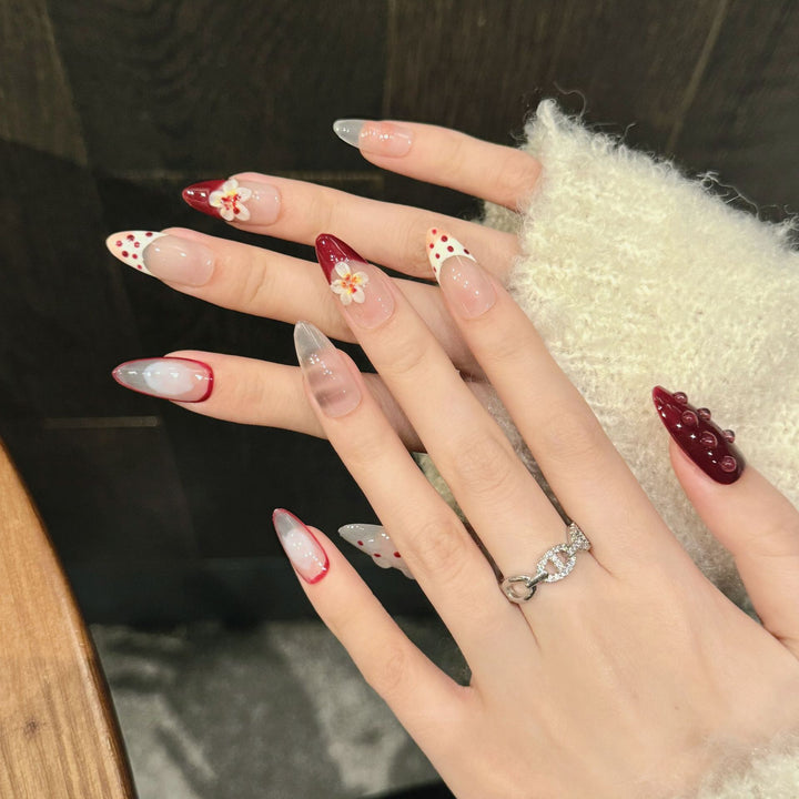 Artistic Press-On Nail Set with Floral and Geometric Design