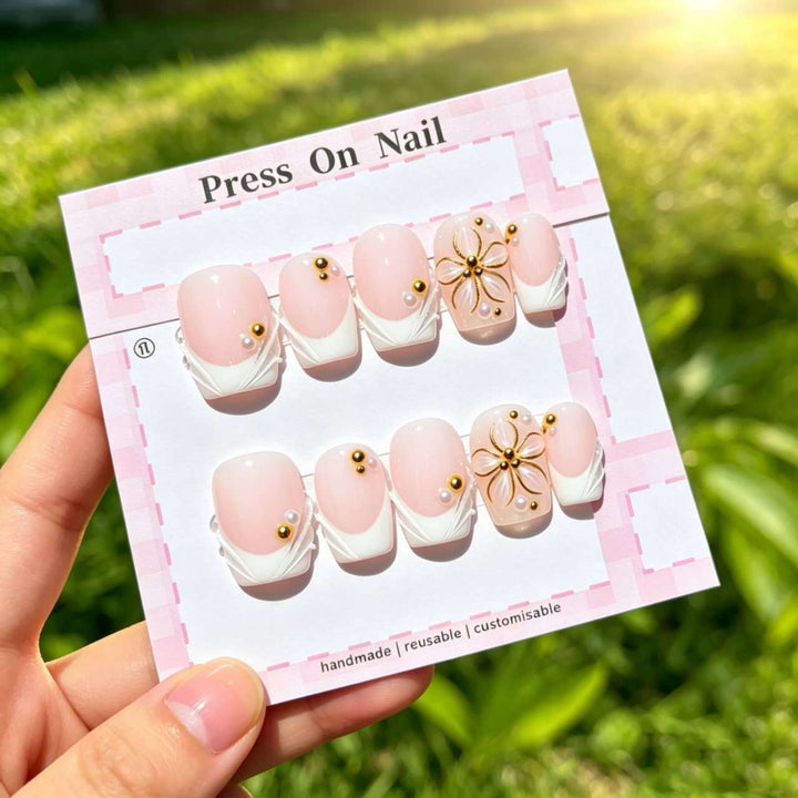Artistic Press-On Nail Set with Floral and Gem Accents  1791773427