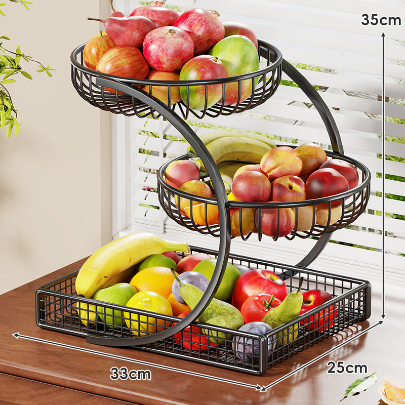 Three-Tier Gold Mesh Fruit Basket Countertop Organizer with Curved Frame
