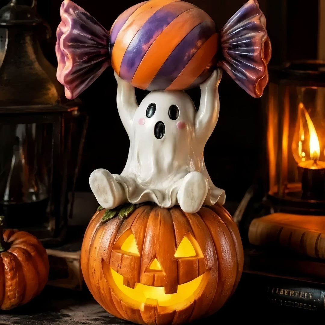Whimsical Ghost Figurine with Pumpkin Base Kalsten