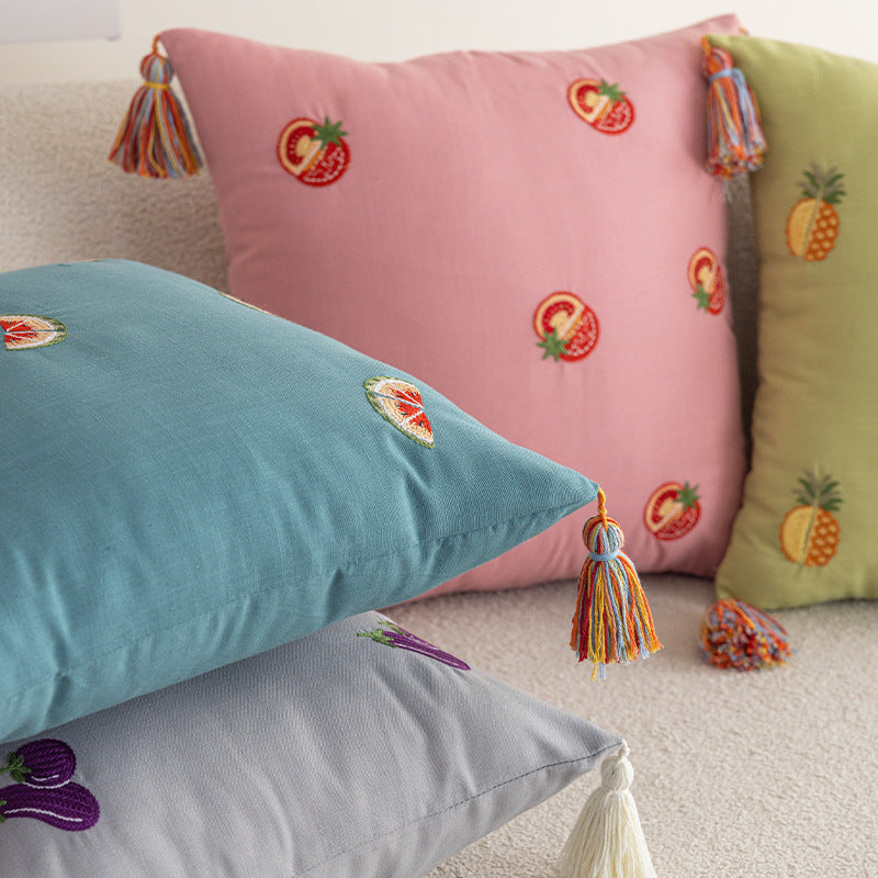 Embroidered Pineapple Tassel Decorative Throw Pillow