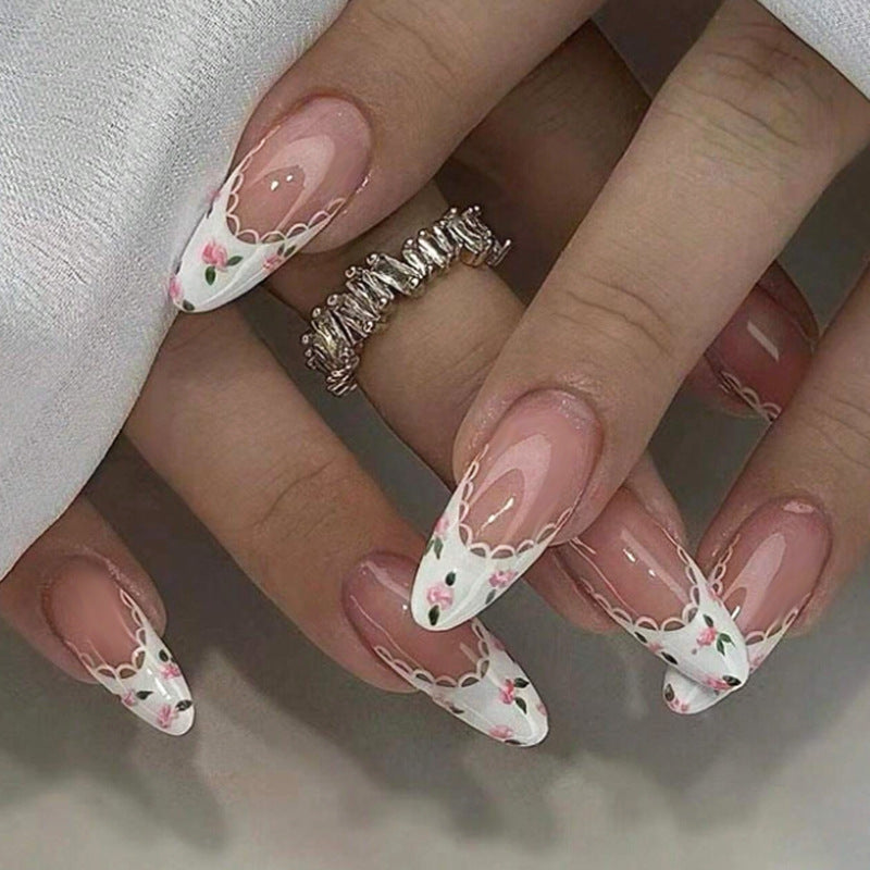 Artificial Nail Set with Elegant Flower and Lace Decorations Kalsten