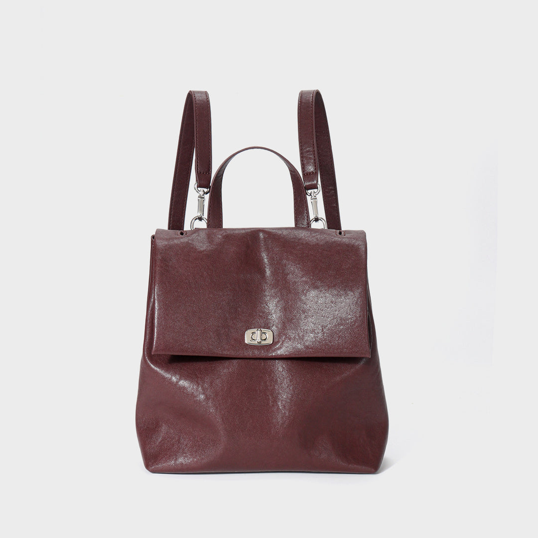 Convertible Leather Flap Backpack Handbag with Top Handle and Turn-Lock Closure