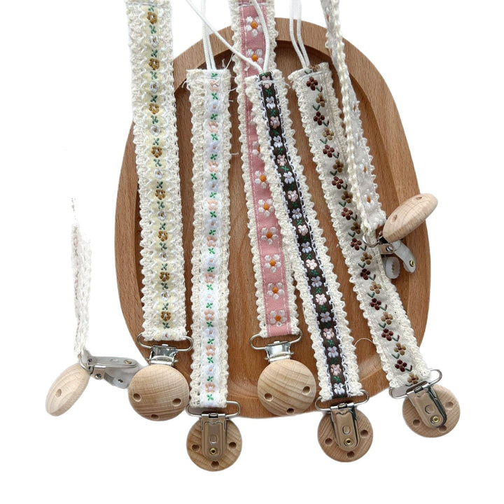 Floral Embroidered Lace Pacifier and Teether Wooden Clip