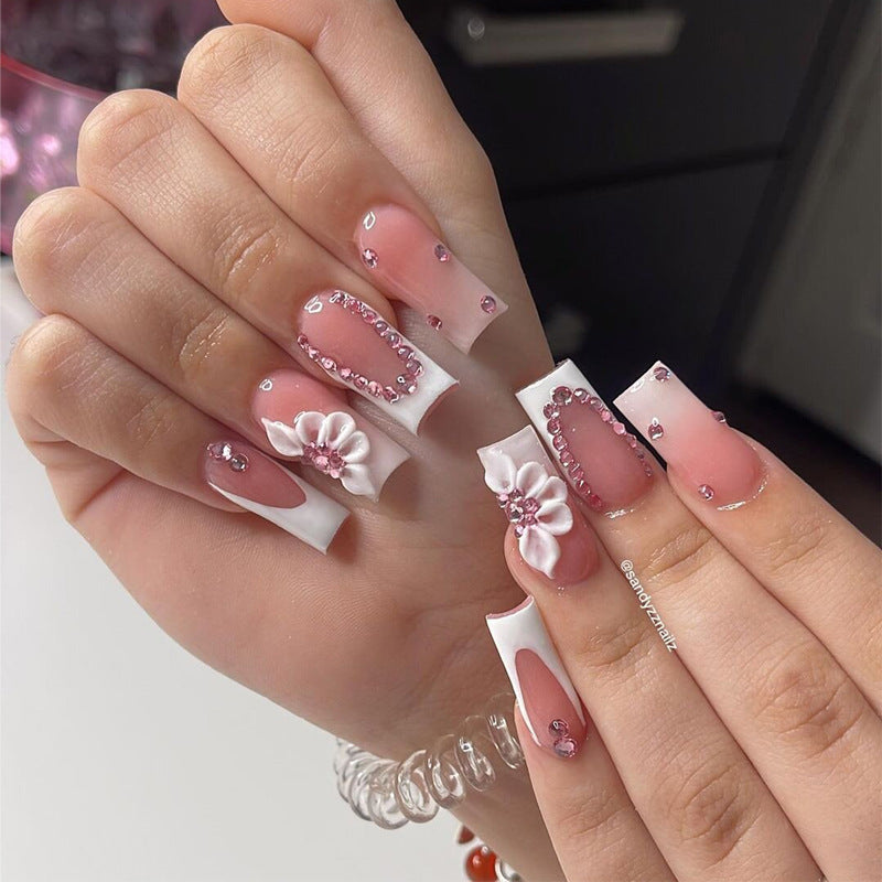Elegant Floral Press-On Nail Set with Rhinestone Accents Kalsten