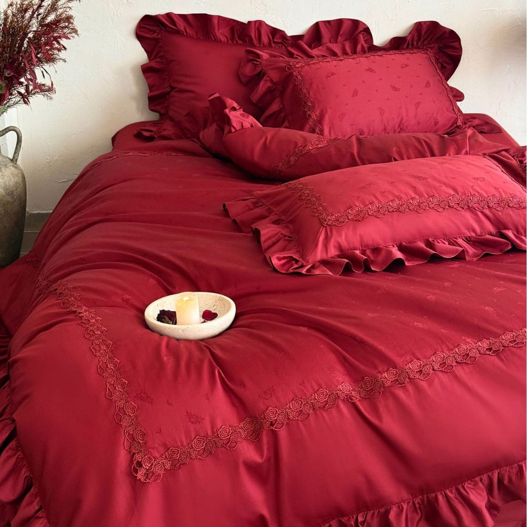 Luxurious bedding set with ruffles and delicate embroidery made of satin cotton