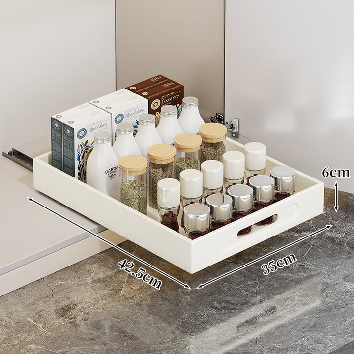Slide-Out Cabinet Drawer Organizer Tray with Cutout Handle and Low-Profile Design