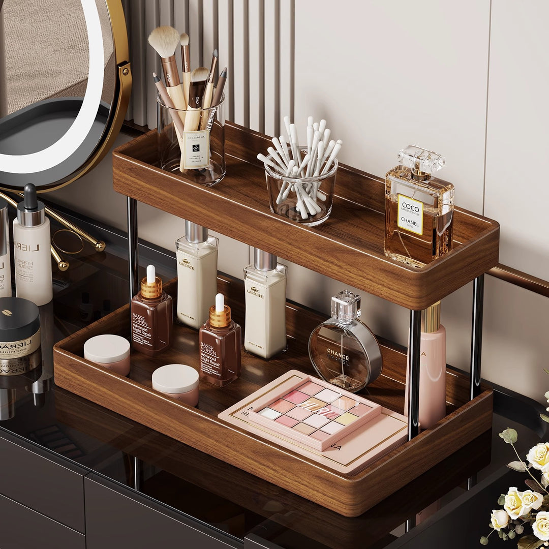 Two-Tier Wooden Vanity Countertop Organizer with Metal Pillars
