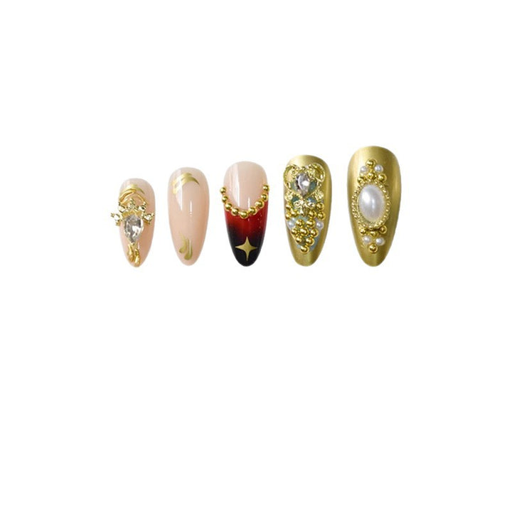 Artistic Decorative Press-On Nail Set with Gemstone and Pearl Accents Kalsten