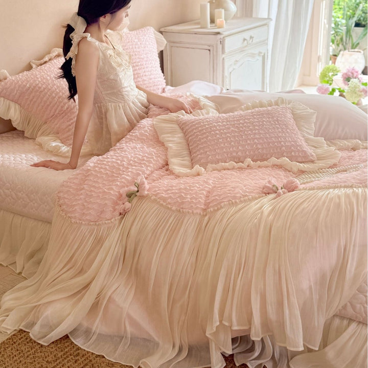 Luxurious duvet cover set with pleated bed skirt, ruffles and delicate frill decoration