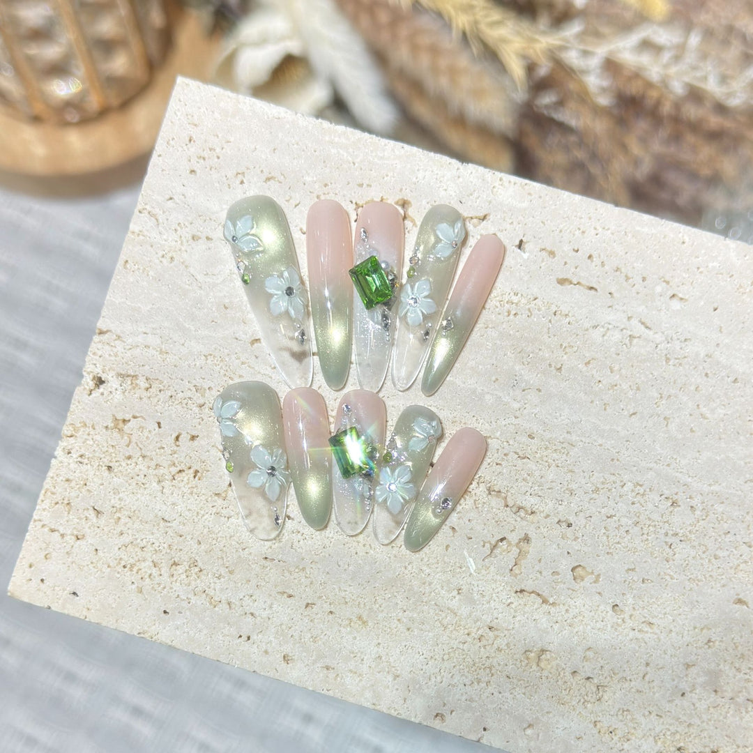 Floral Gemstone Stiletto Nail Set Kalsten
