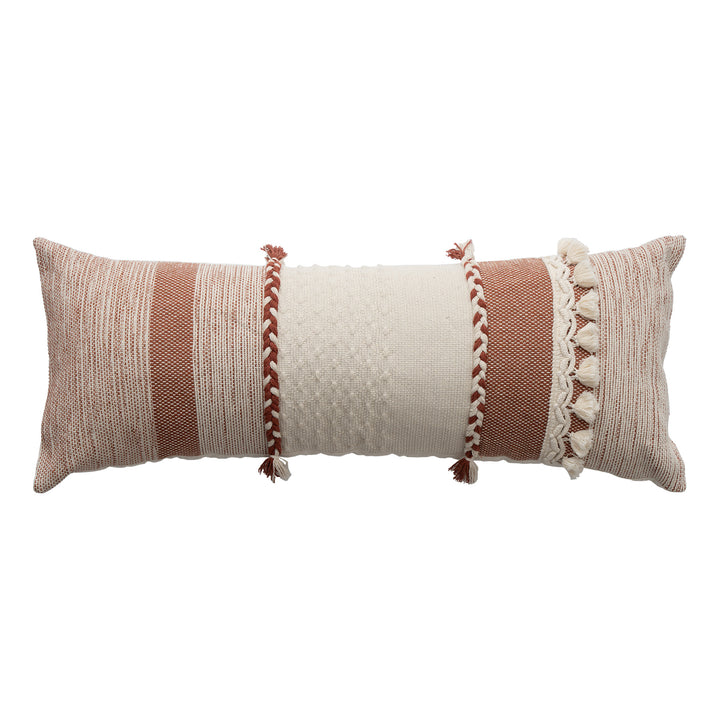 Rectangular Boho Lumbar Pillow with Braided Ties and Tassels