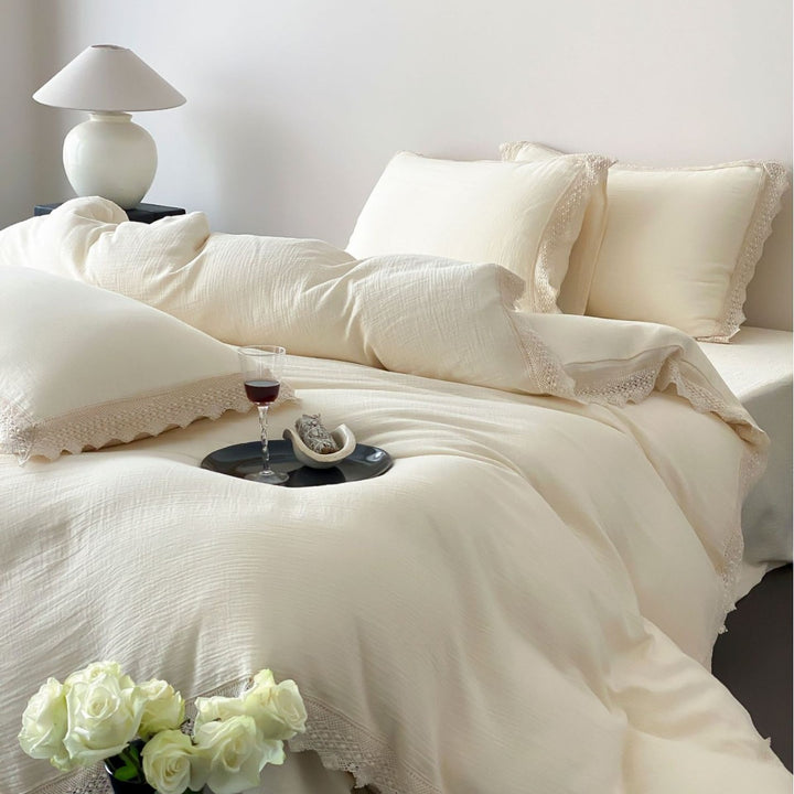 Linen-Cotton Duvet Cover Set with Crochet Lace Edge and Washed Finish