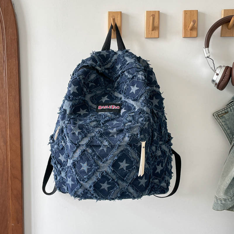 Distressed Star Pattern Denim Backpack Kalsten