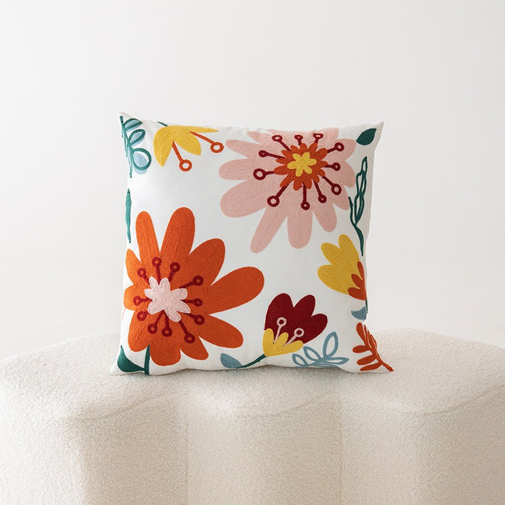 Embroidered Floral Cotton-Linen Square Throw Pillow Cover with Hidden Zipper and Textured Appliqué