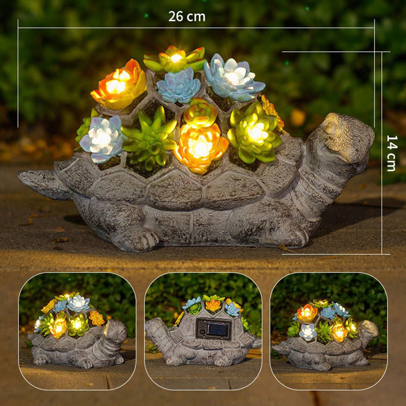 Solar Turtle Succulent Planter With LED Lights Textured Resin Garden Statue Kalsten