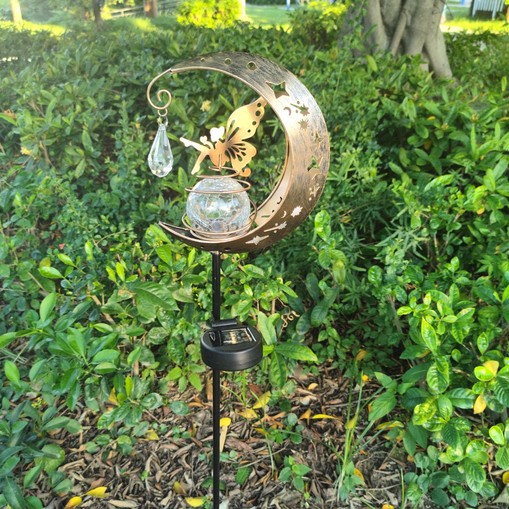 Crescent Moon Solar Garden Stake Light With Rotating Crackle Glass Orb And Butterfly Accent Kalsten