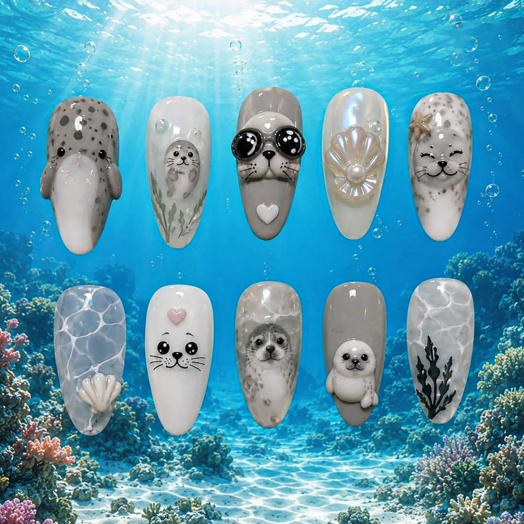 Marine Animal-Themed Press-On Nail Art Set