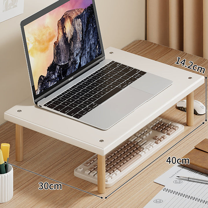 Compact Desktop Laptop and Monitor Riser with Under-Keyboard Storage and Wood Legs