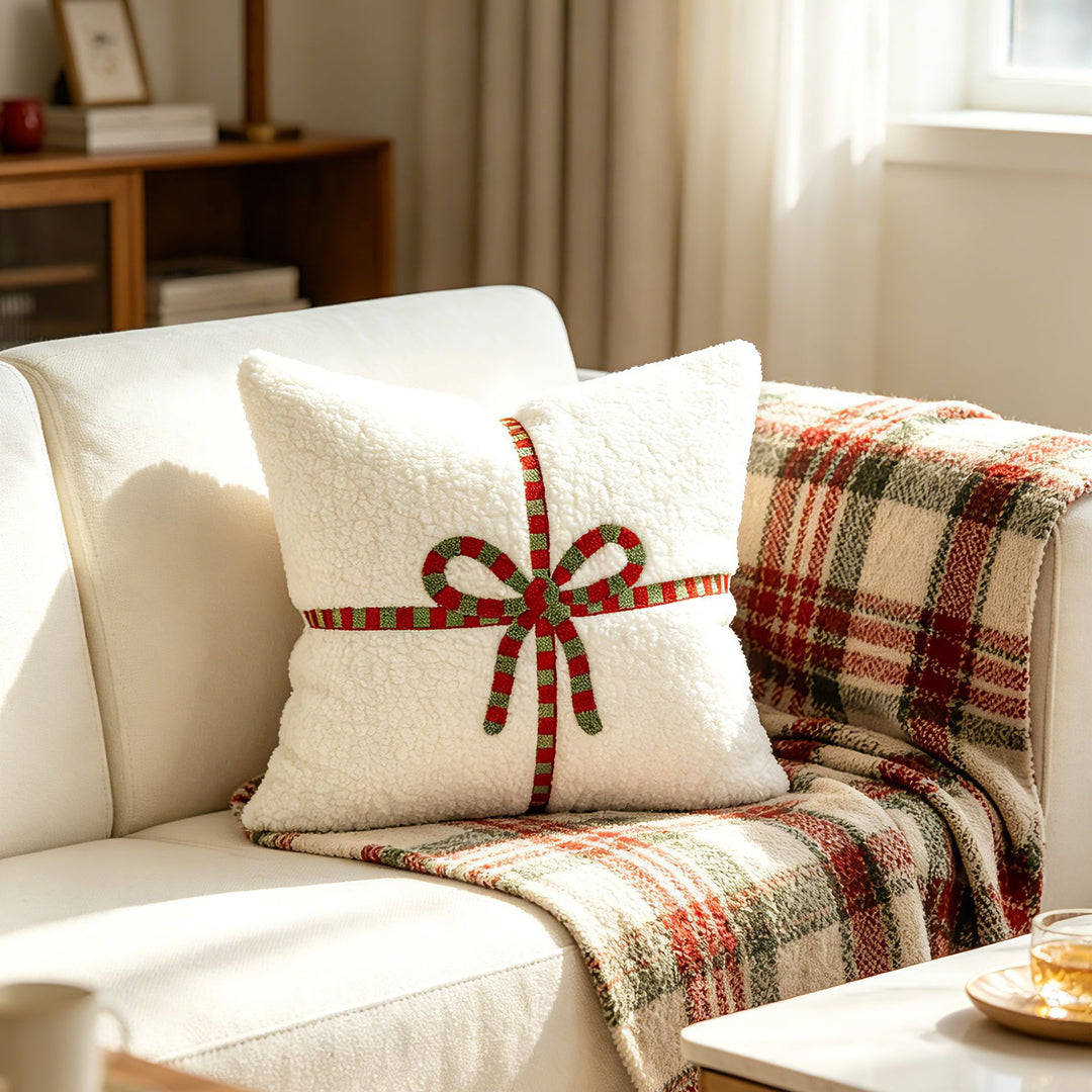 Holiday Textured Plush Throw Pillow with Embroidered Ribbon Bow