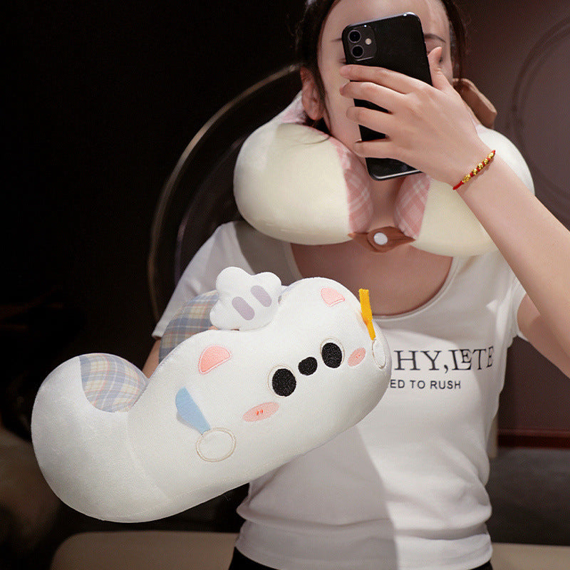 Plush neck pillow travel pillow with cute dog face and appliqués