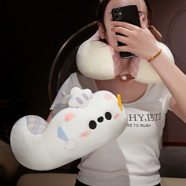 Plush neck pillow travel pillow with cute dog face and appliqués