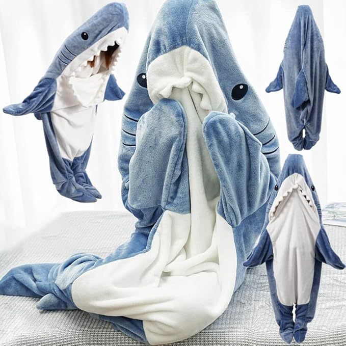 Plush Hooded Shark Wearable Sleeping Bag With Fleece Flannel Lining And 3D Tail