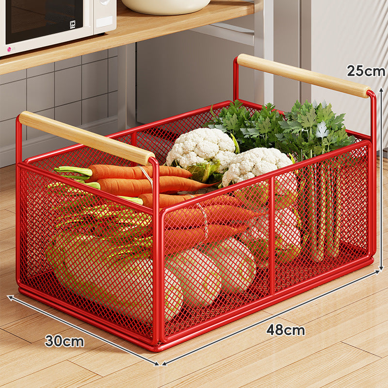 Rolling Mesh Kitchen Storage Cart with Wooden Handles
