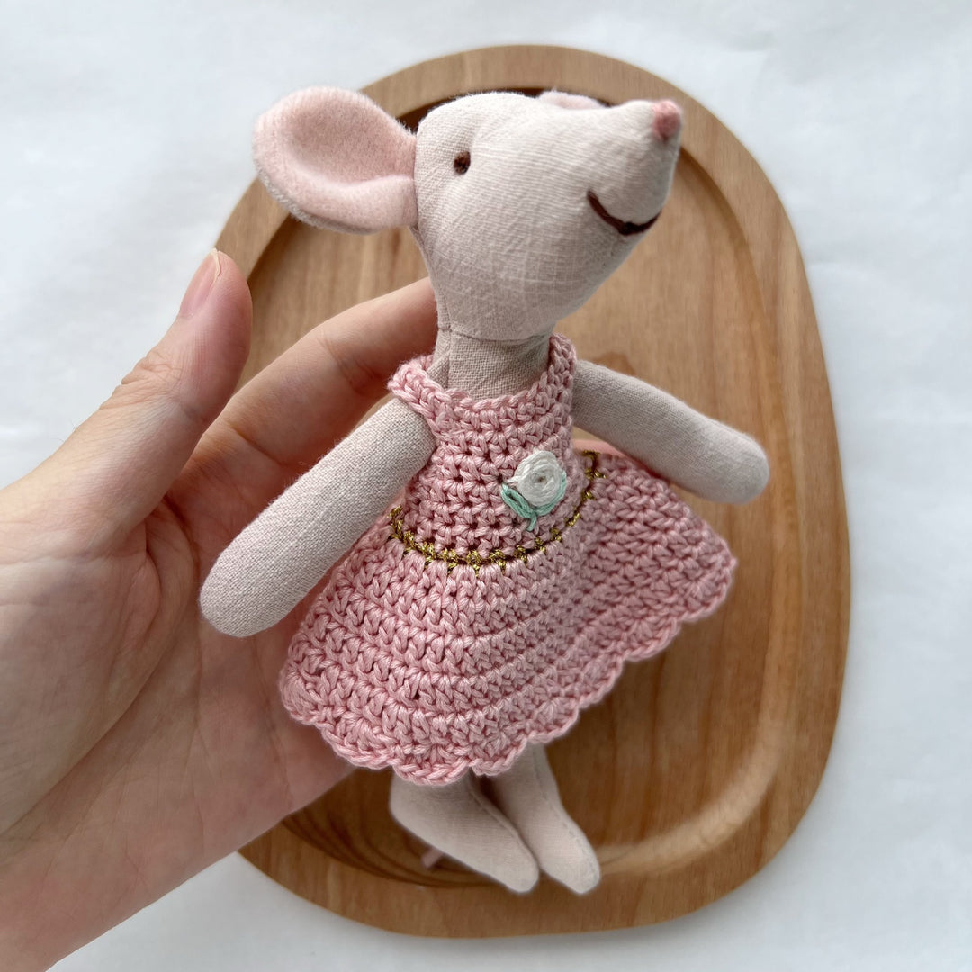 Handcrafted Cotton Plush Mouse Doll with Crochet Dress