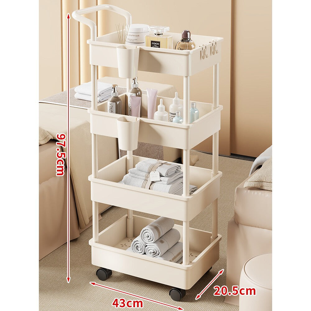 Compact Two-Tier Rolling Storage Trolley with Handle and Hooks