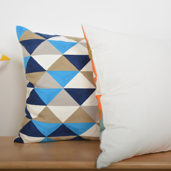 Geometric Embroidered Textured Square Accent Pillow with Layered Appliqué and Concealed Zip