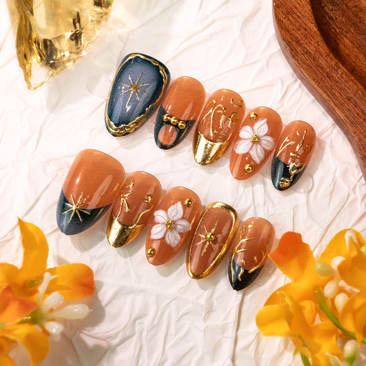 Artistic Floral Press-On Nail Art with Gold Accents Kalsten