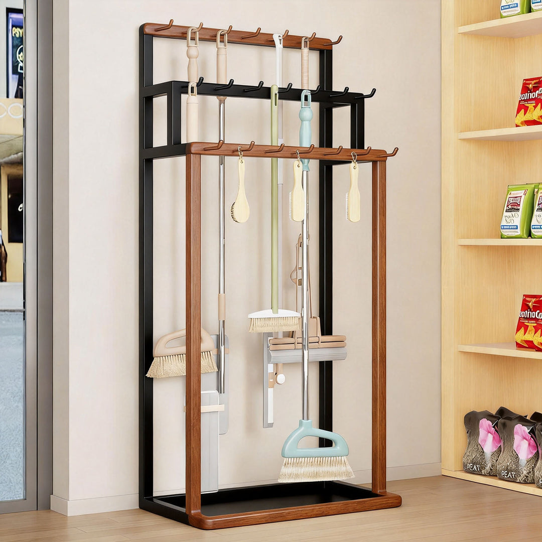 Vertical Mop and Broom Organizer Rack with Multi-Hook Hanging Storage