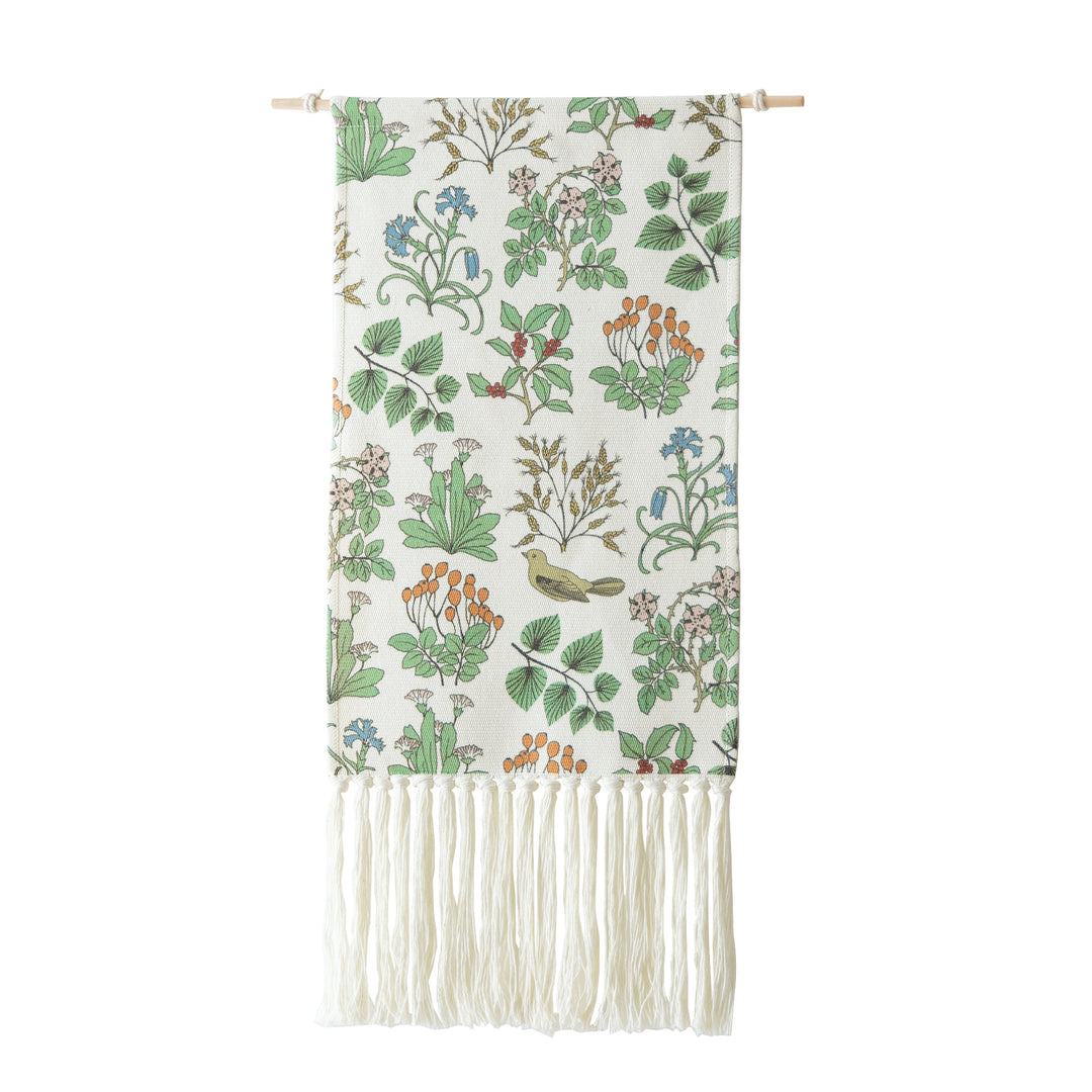 Woven wall hanging with floral jacquard structure and long fringes Kalsten