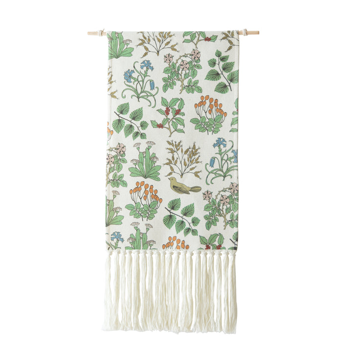 Woven wall tapestry with hydrangea pattern and long fringes