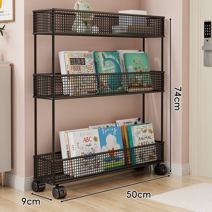 Freestanding Four‑Tier Metal Mesh Book and Display Shelf Rack