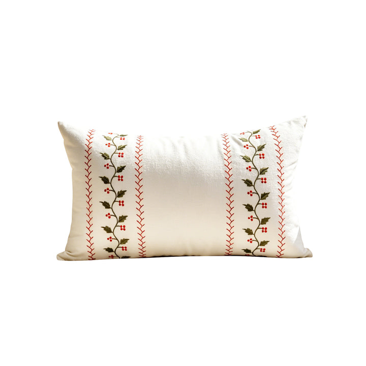 Embroidered Holiday Lumbar Throw Pillow Cover with NOEL Holly Motif