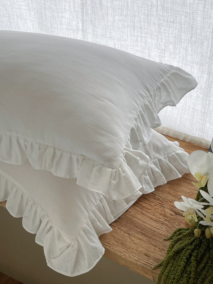Ruffled Linen Pillowcase Set with Soft Washed Linen Texture
