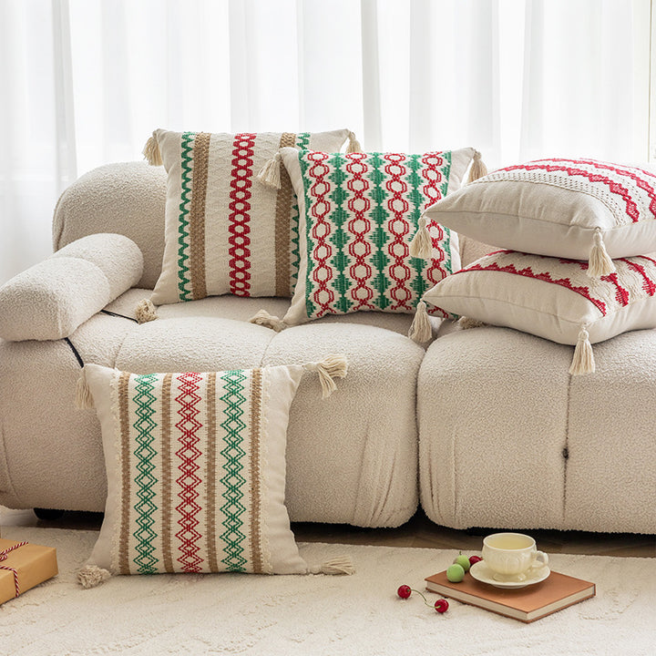 Square Handloom Cotton Accent Pillow with Vertical Embroidered Geometric Bands and Knotted Corner Tassels