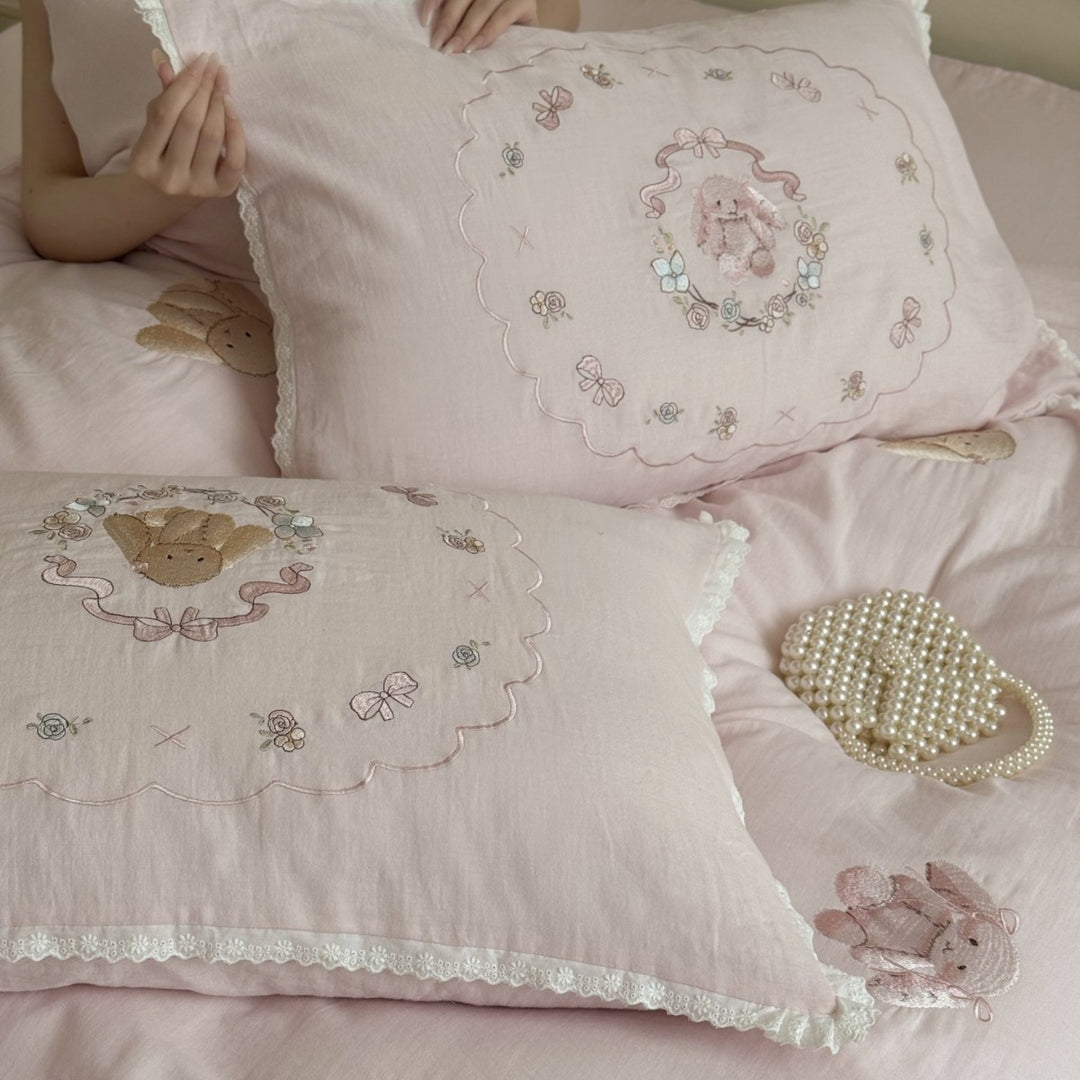 Embroidered cotton-linen pillowcase set with lace trim and bunny motif