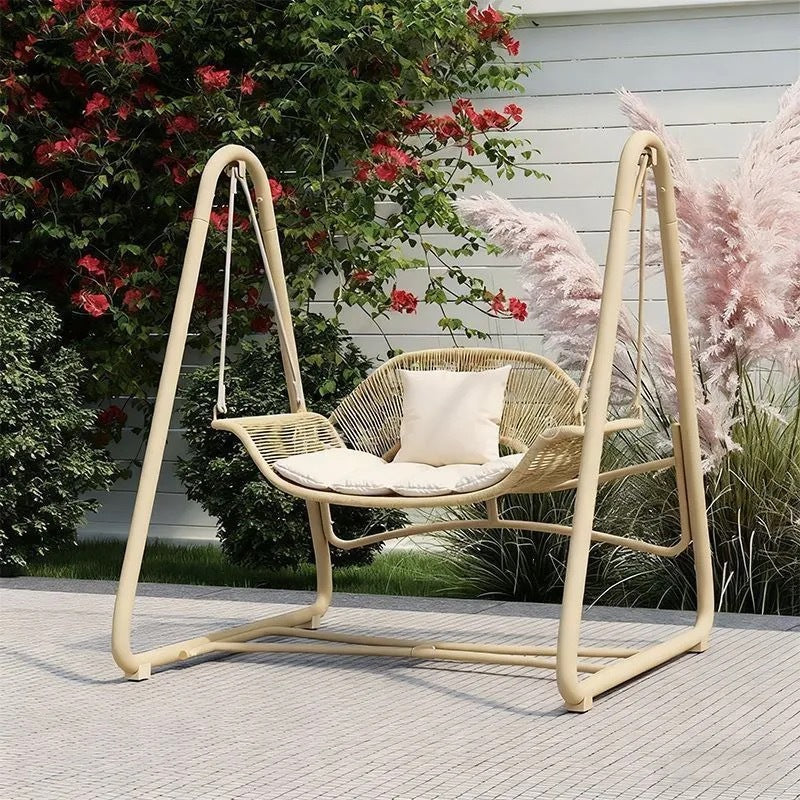 Woven rattan outdoor swing loveseat with padded cushions and powder-coated steel frame Kalsten