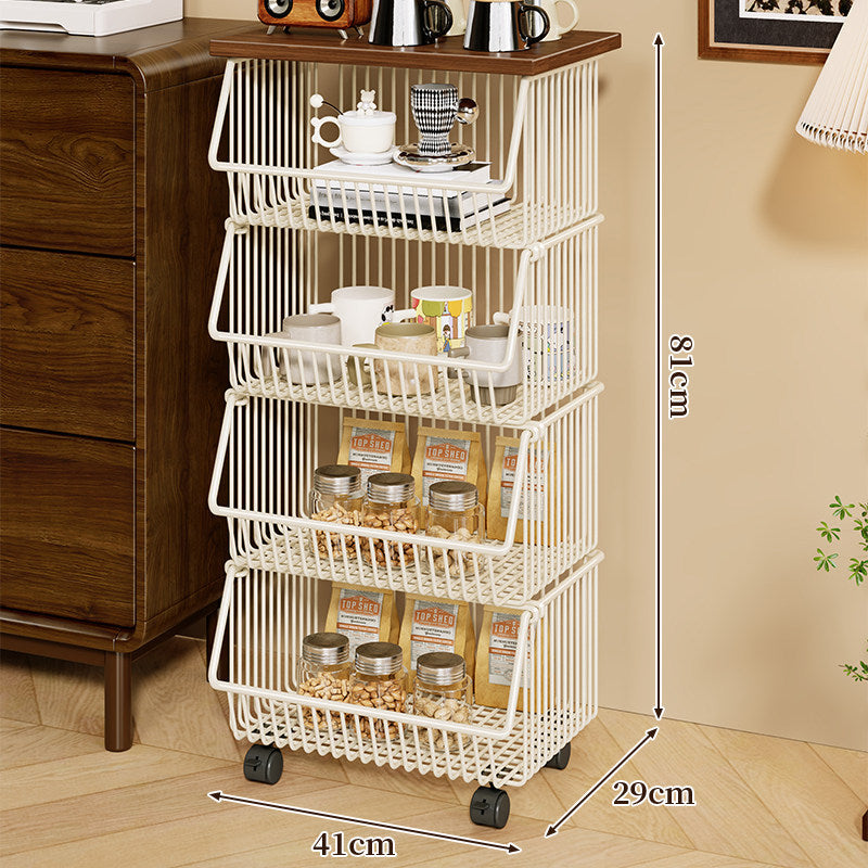 Mobile Four-Tier Kitchen Pantry Organizer Cart with Wood Top and Rolling Wire Baskets
