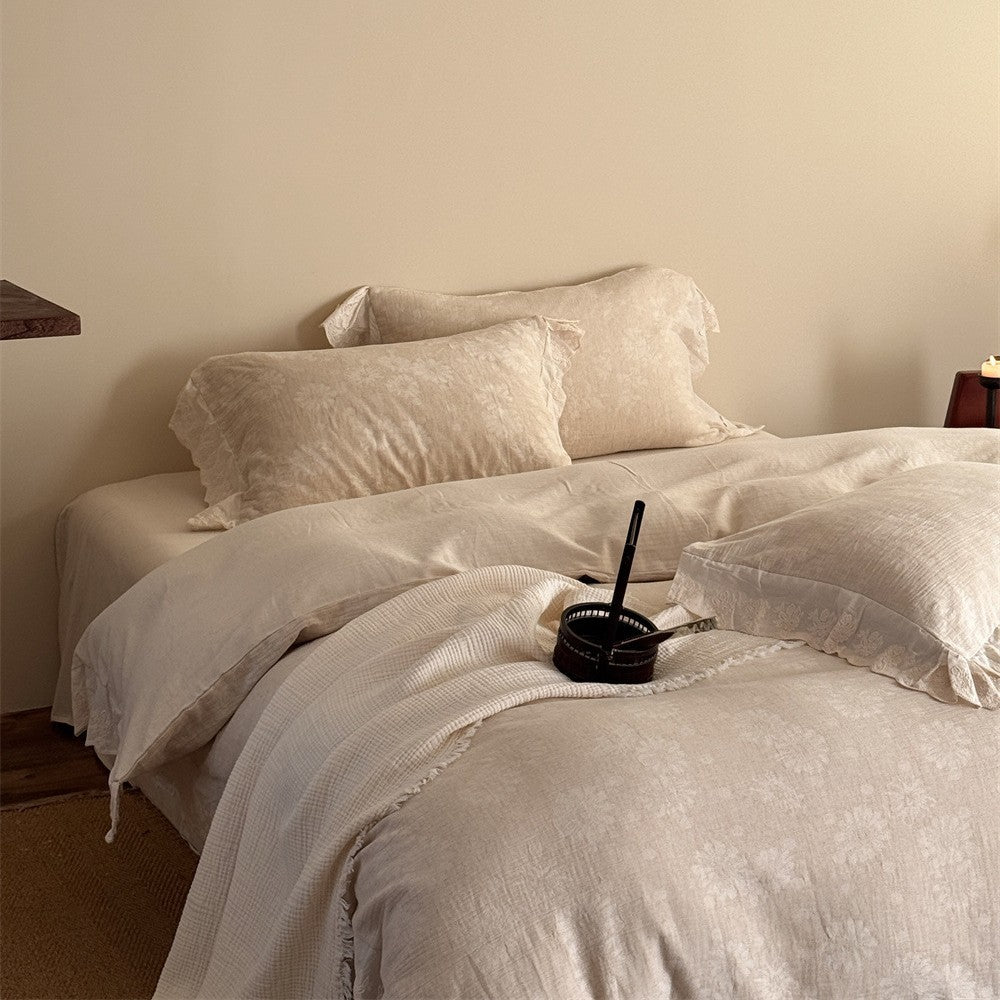 Bedding set made of cotton-linen with delicate jacquard texture and lace border