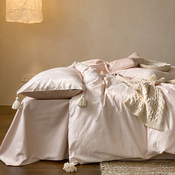 Finely textured cotton satin bedding set with tone-on-tone relief