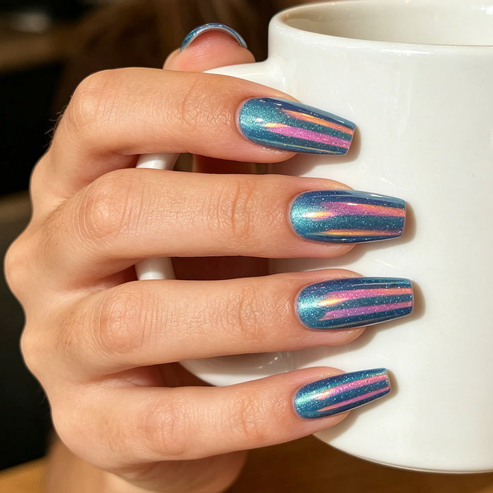 Glossy Press-On Nail Extensions with Glitter Stripes Kalsten