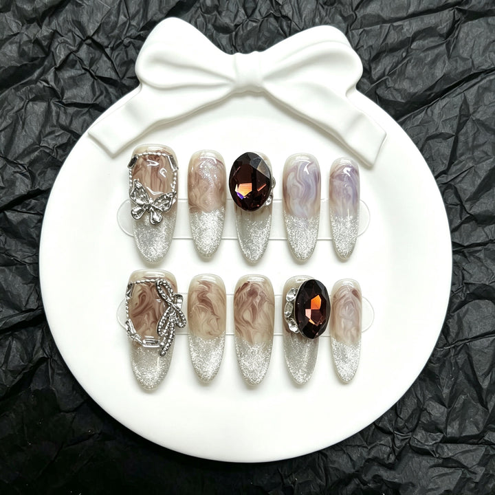 Artistic Press-On Nail Art Set with Elegant Gemstone Accents