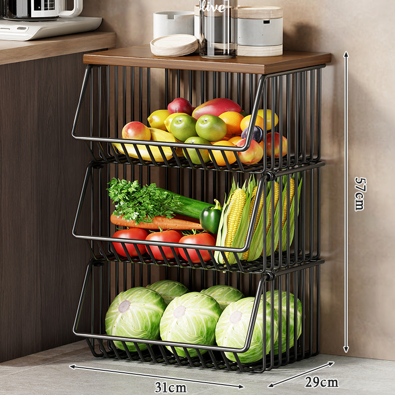 Multi-Tier Rolling Kitchen Pantry Cart with Wood Top and Deep Wire Storage Baskets