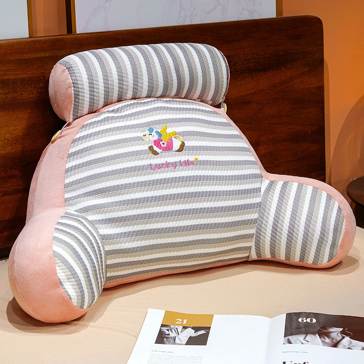 Padded bed backrest cushion with armrests and detachable neck roll